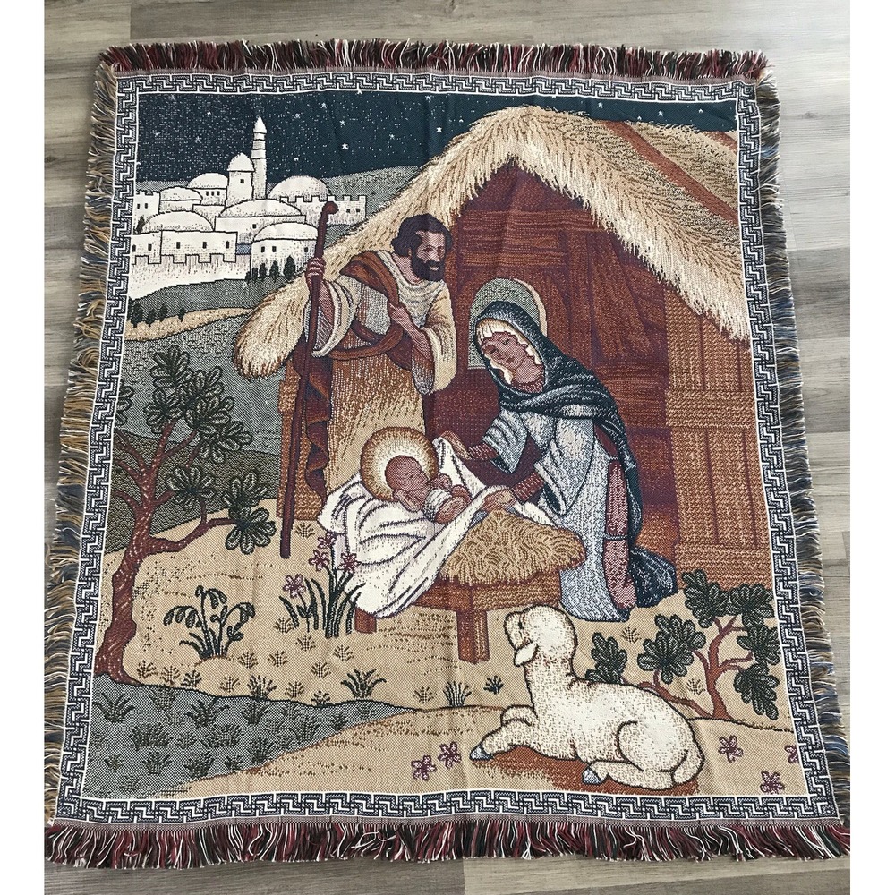 Vintage Nativity Scene Manger Tapestry Throw Blanket Woven Christmas Afghan